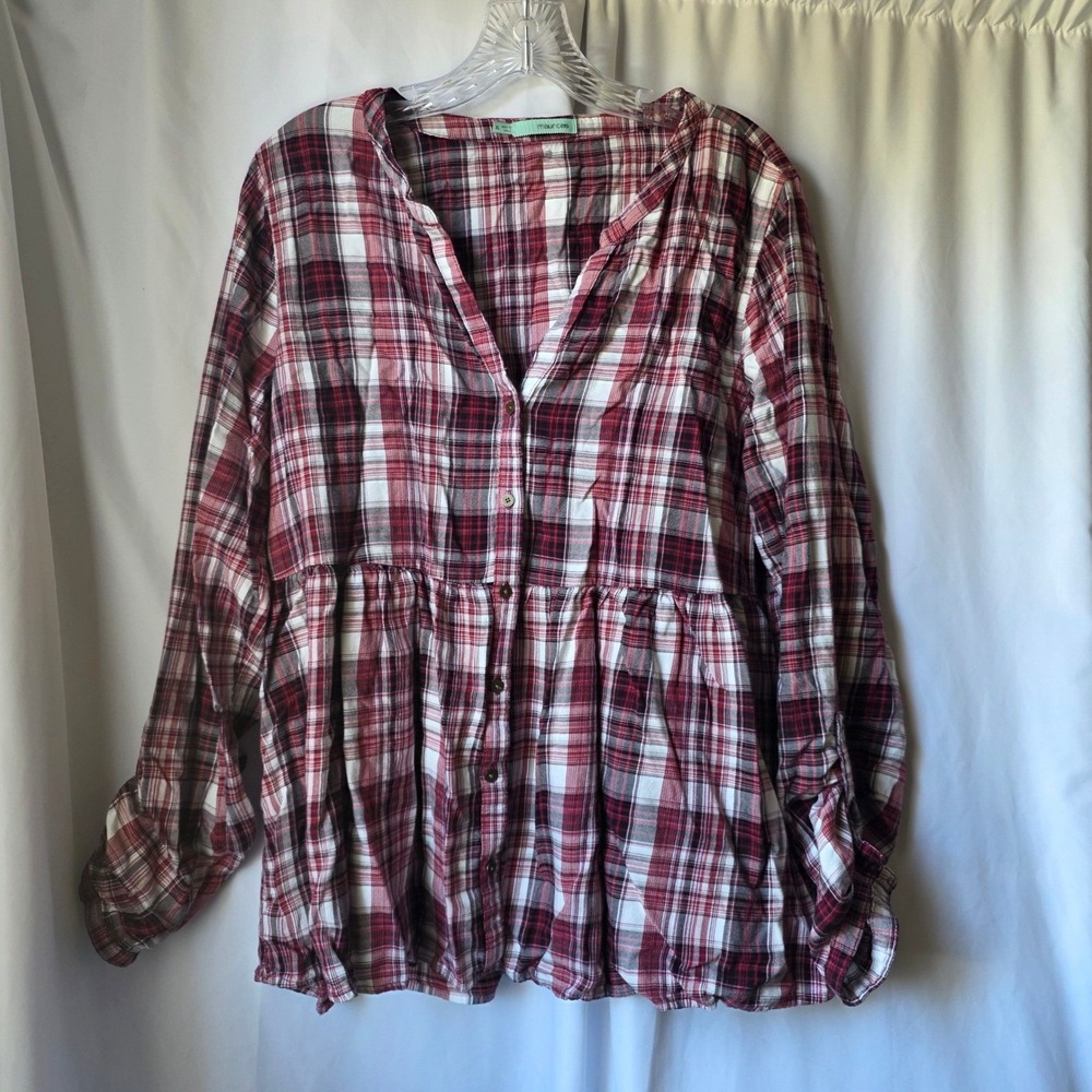 Maurices Red Plaid Babydoll Button Front Blouse XL Long Sleeve Peplum Top